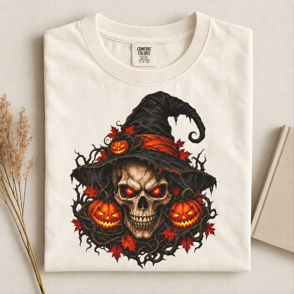 alloween Skull T-Shirt, Witch Hat Pumpkin Design, Spooky Gothic Horror Gift