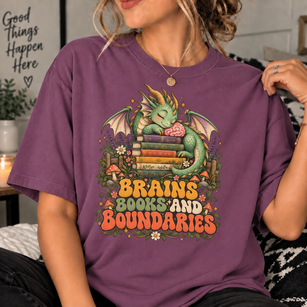 Book Dragon T-Shirt, Fantasy Reader Gift, Book Lover Dragon Graphic Tee | Brains Books and Boundaries