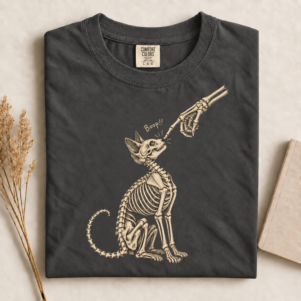 Skeleton Hand Cat Boop T-Shirt, Funny Halloween Cat Gift, Spooky Kitty Graphic Tee