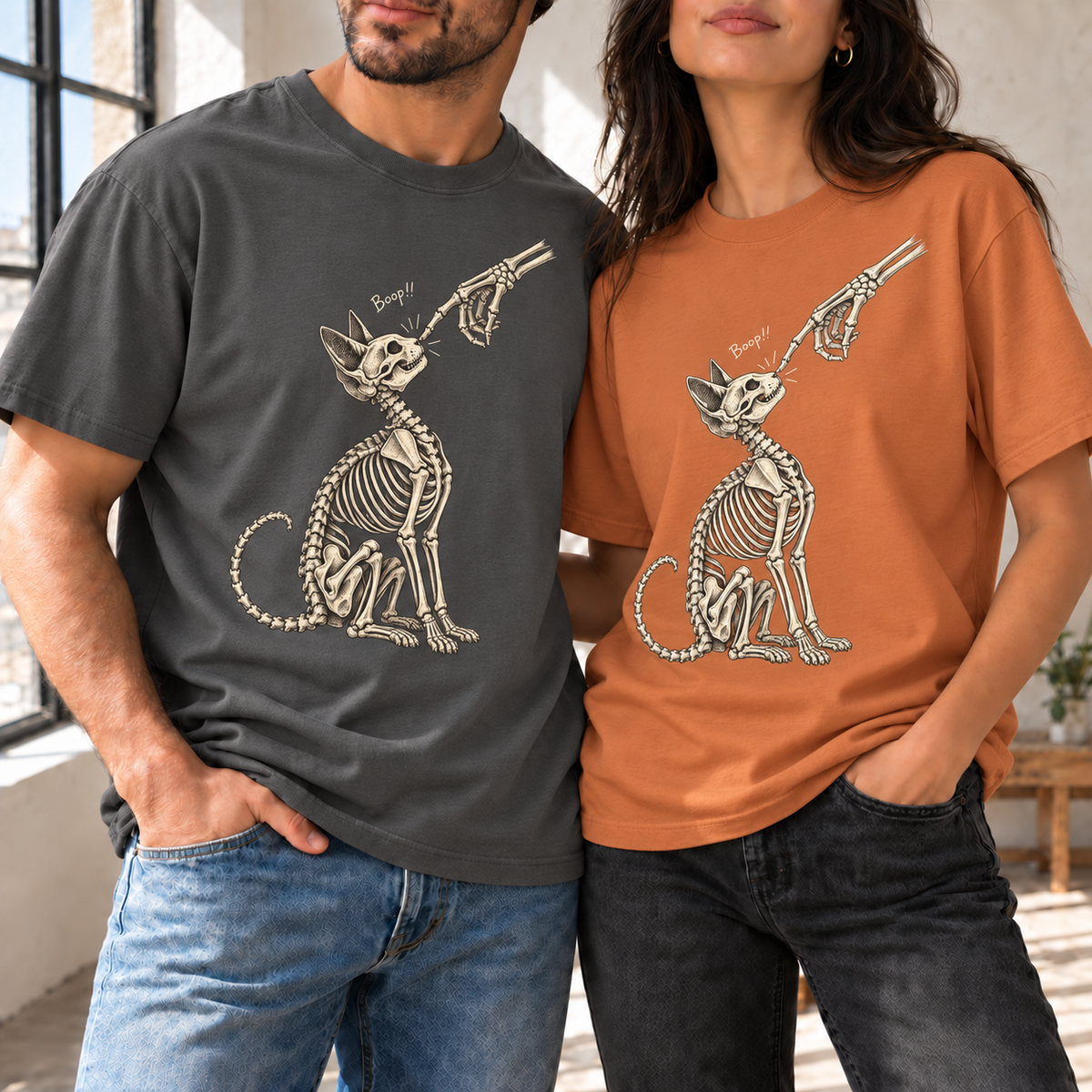 Skeleton Hand Cat Boop T-Shirt, Funny Halloween Cat Gift, Spooky Kitty Graphic Tee