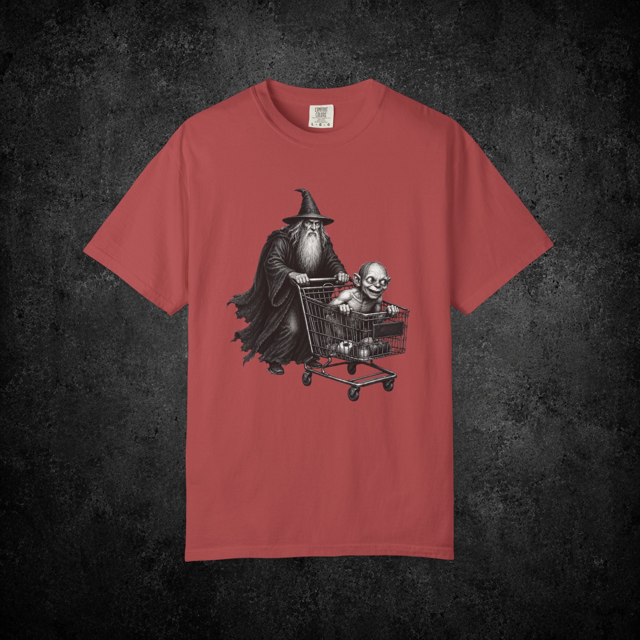 Wizard Pushing Goblin in Shopping Cart T-Shirt | Fantasy Goth Humor