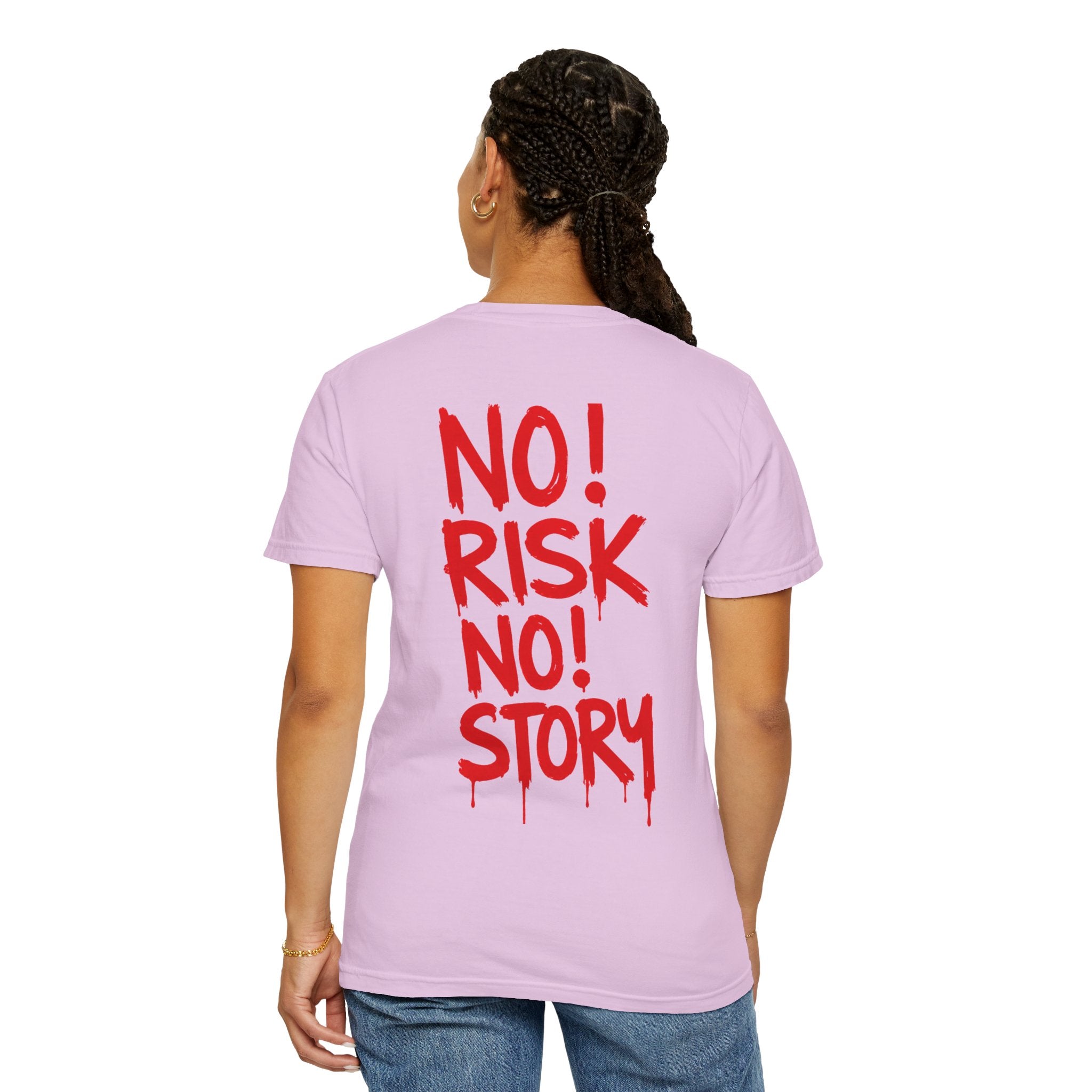 No Risk No Story T-shirt | Red Graffiti Text Back Print