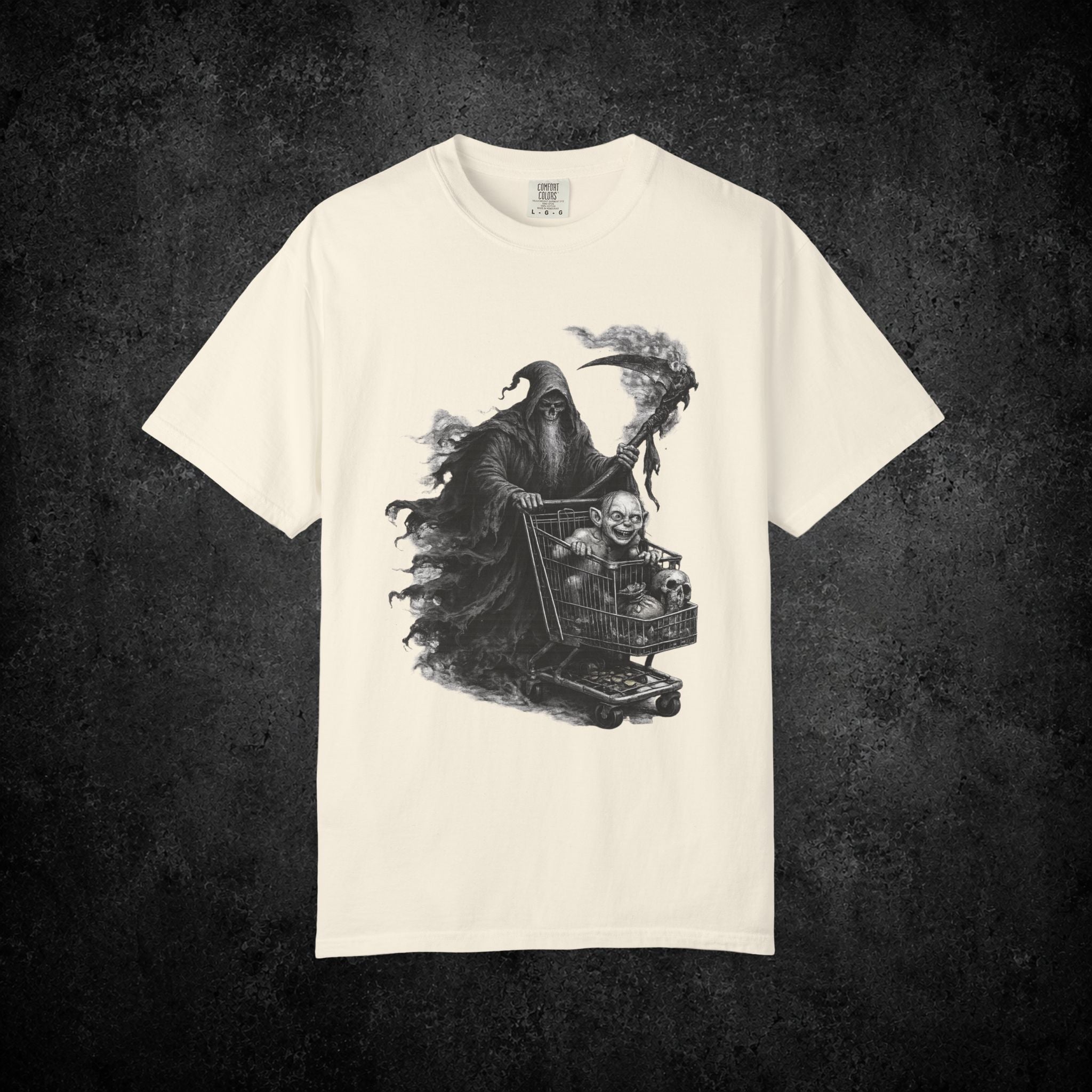 Grim Reaper Shopping Cart T-shirt | Dark Horror Illustration