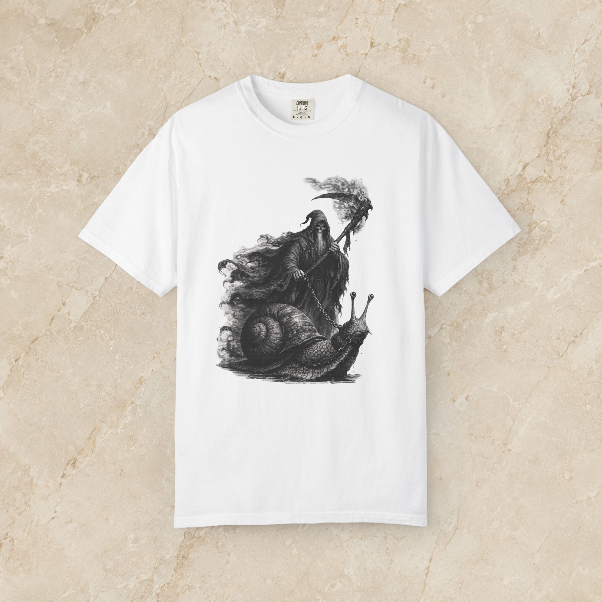 Grim Reaper Riding Snail T-Shirt | Dark Fantasy Illustration