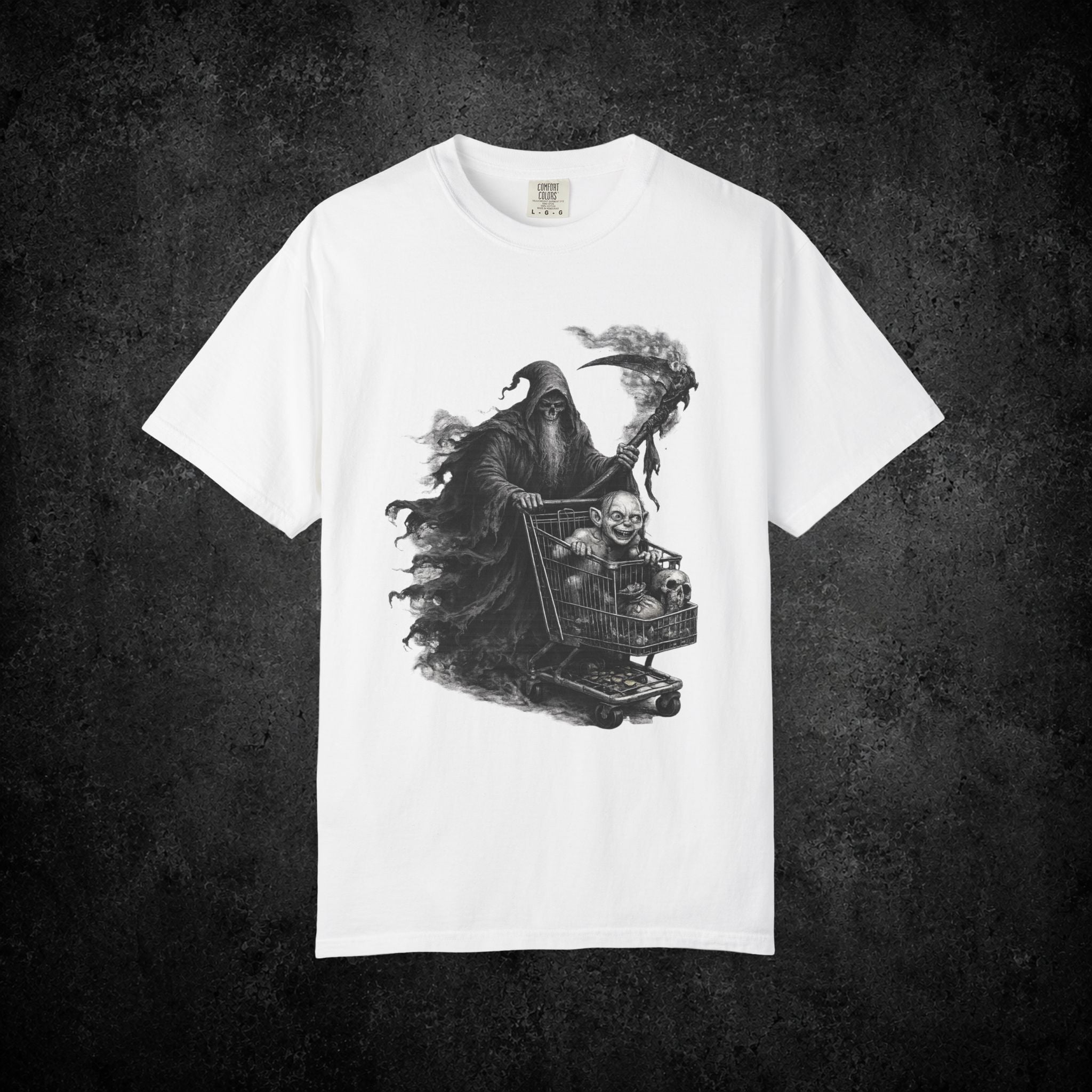 Grim Reaper Shopping Cart T-shirt | Dark Horror Illustration