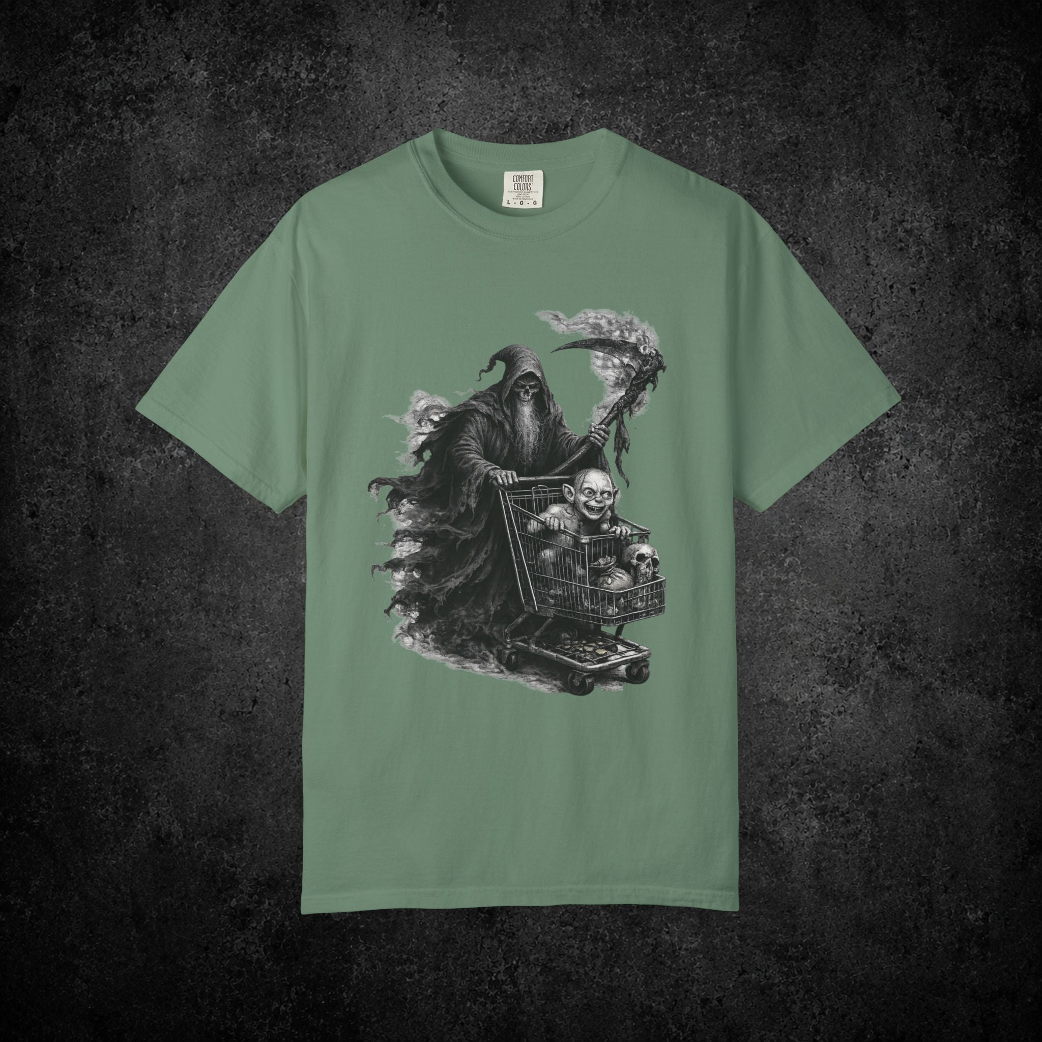Grim Reaper Shopping Cart T-shirt | Dark Horror Illustration