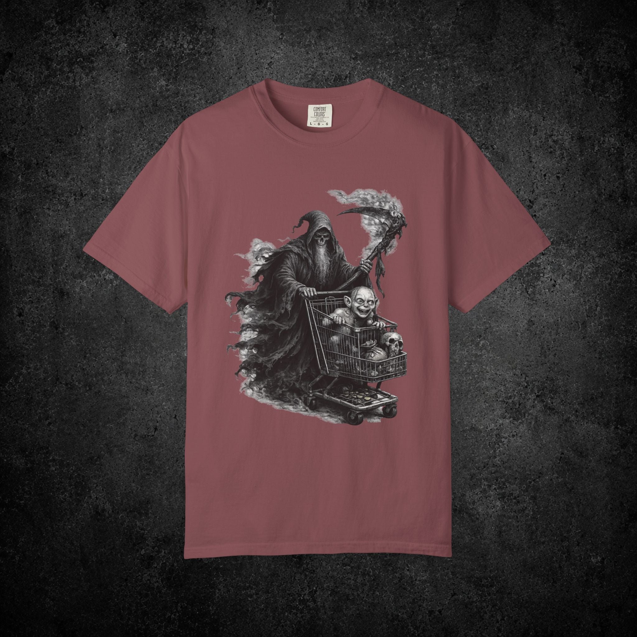 Grim Reaper Shopping Cart T-shirt | Dark Horror Illustration