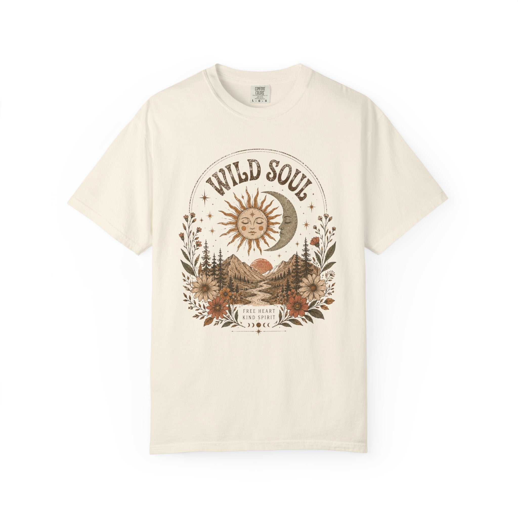 Wild Soul sun moon mountain T-shirt | boho nature vintage floral design