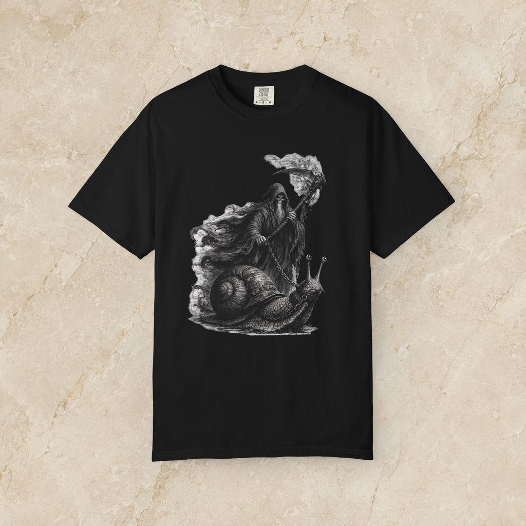 Grim Reaper Riding Snail T-Shirt | Dark Fantasy Illustration