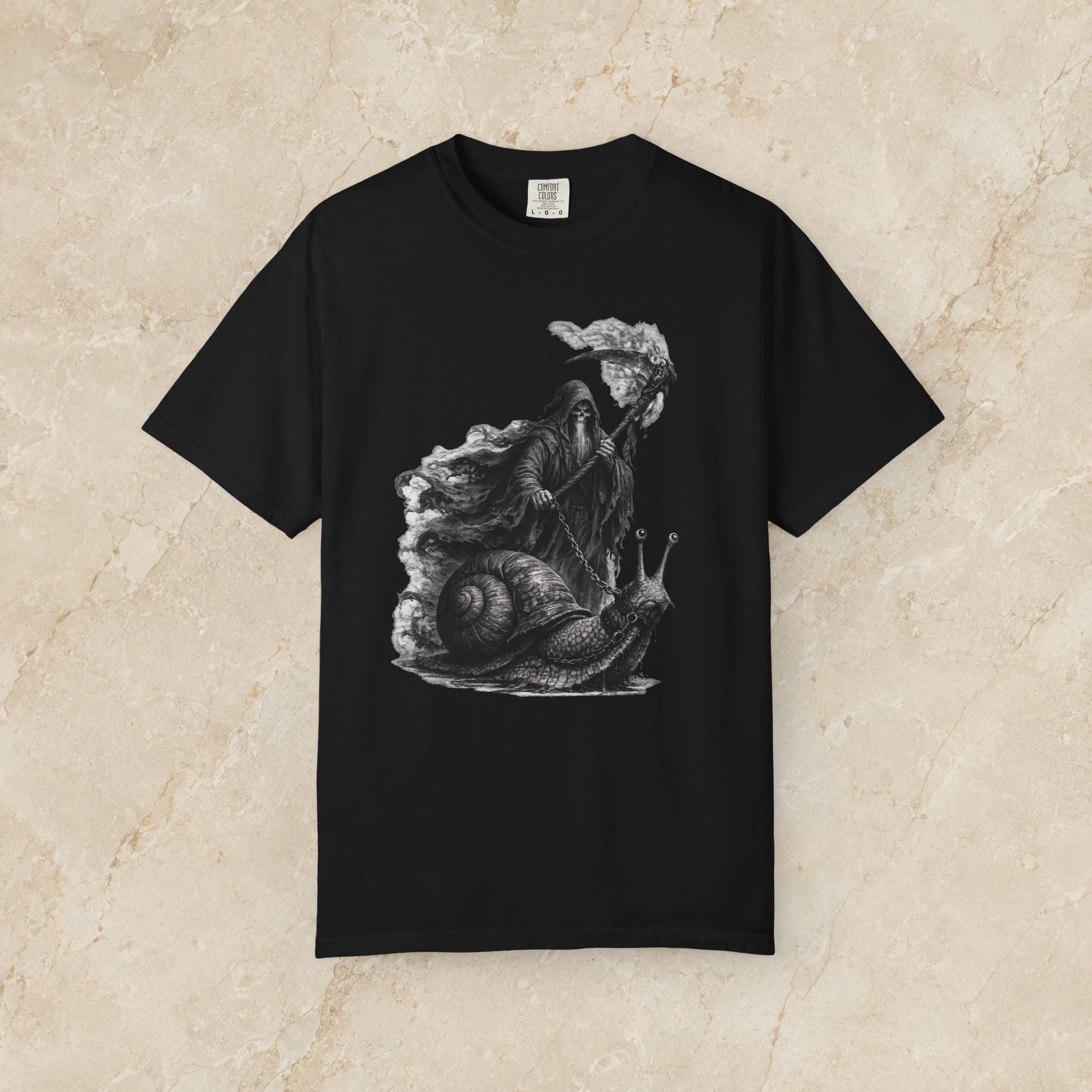 Grim Reaper Riding Snail T-Shirt | Dark Fantasy Illustration
